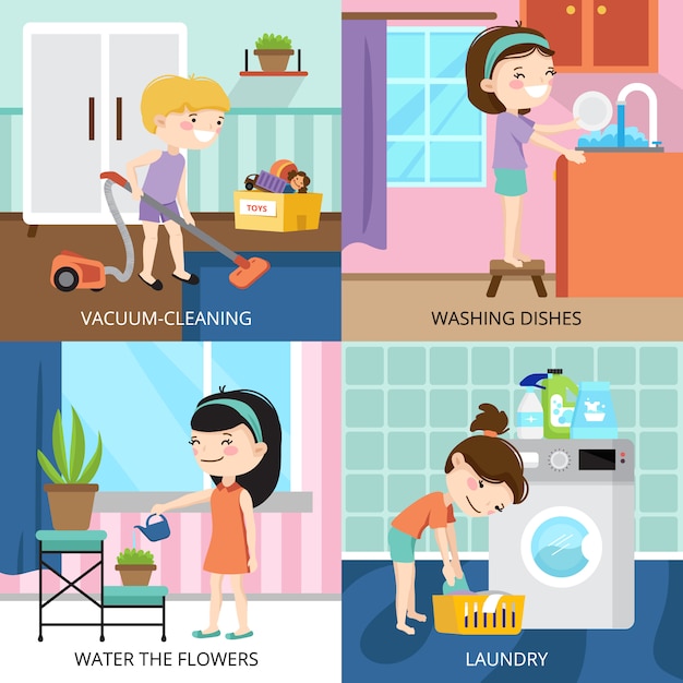 Free vector colorful cartoon 2x2 design concept with kids cleaning house isolated vector illustration