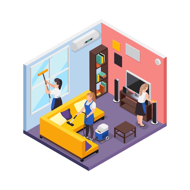 Free vector isometric composition with living room being cleaned by workers from professional cleaning service 3d vector illustration