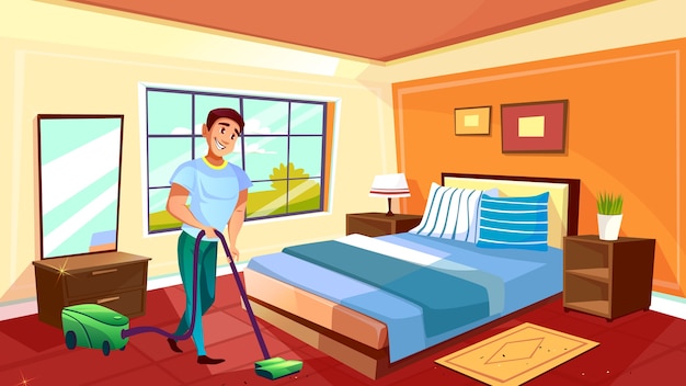 Free vector man cleaning room illustration of househusband or college boy with vacuum cleaner