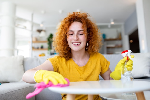 Photo portrait of a beautiful housewife cleaning dust with protective yellow gloves woman happy cleaning concept