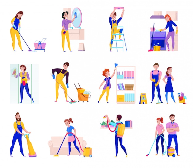 Free vector professional cleaning service duties flat icons set with shelves dusting shower washing floors vacuuming isolated  illustration