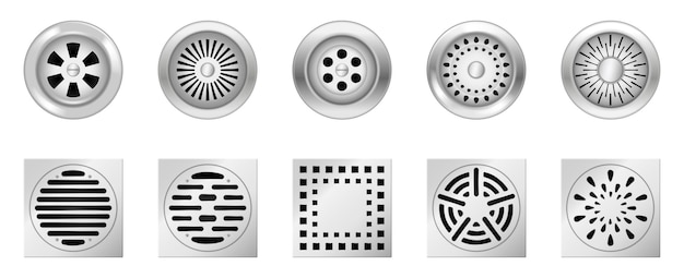 Vector realistic metal drainage grates. set of square and round drain manhole with steel grid for shower or sink isolated on white. tools for sewer in bathroom or kitchen. vector illustration