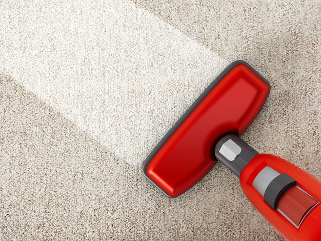 Photo red vacuum cleaner cleaning a carpet